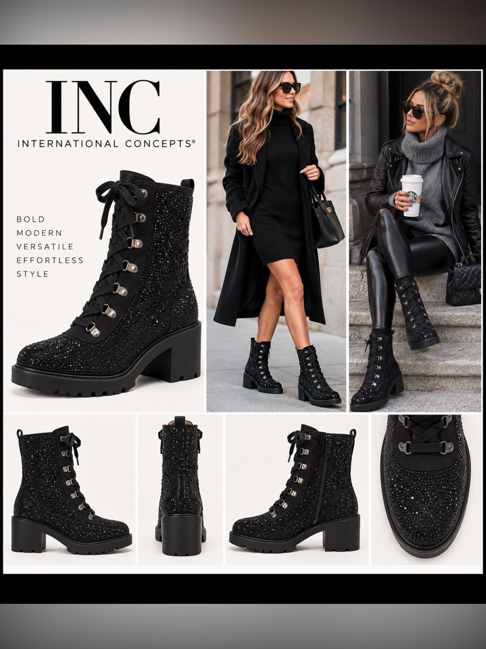 INC International Concepts Black Rhinestone Lace-Up Block Heel Ankle Boots